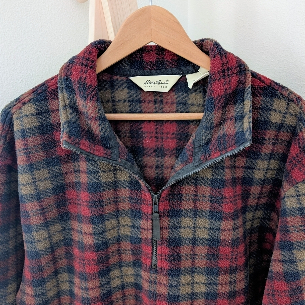 Vintage Eddie Bauer Plaid Collared Quarter-Zip Pullover Fleece Jacket In Red/Tan - Picture 4 of 8